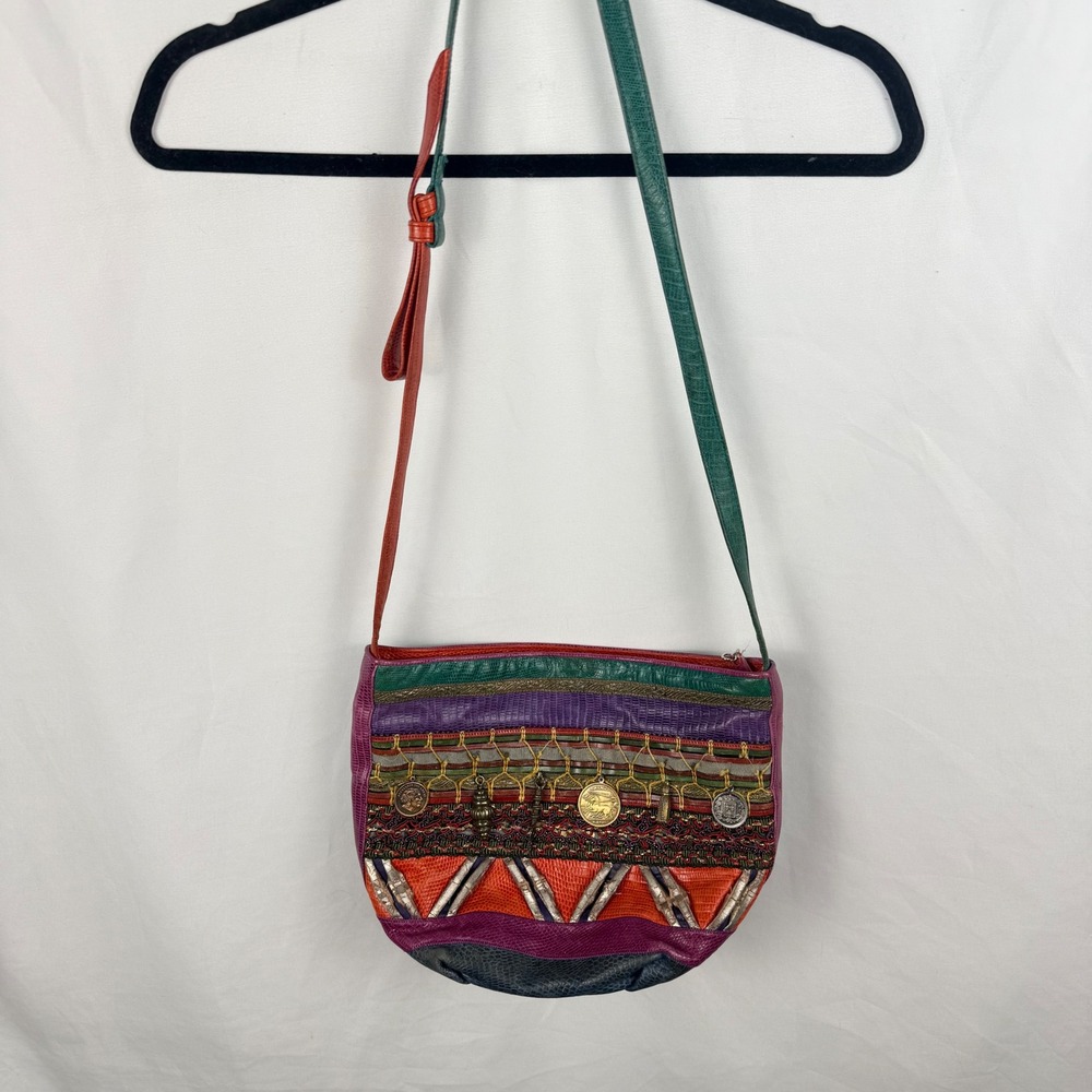 Sharif Colorful Leather Crossbody Bucket Bag Charms Boho 80s Festival Renn Faire